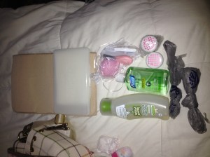 Babyganics wipes (inside the pampers wipe case), Babyganics bathwash (I am hoping the hospital lets us use our own bath wash for her first bath), hand sanitizer (for diaper changes and everyone handling the baby), the two small containers have coconut oil (which I will use for rashes and diapers) and babyganics lotion, lastly the mess bag has a brush, comb, nail clipper, and nose aspirator (I am pretty sure the hospital will provide these but wanted them packed just in case).