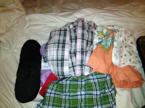 Leisure 1. Robe 2. Slippers 3. Socks with rib on bottom to walk in 4. Pajamas 5. Gown that opens in front to wear after delivery